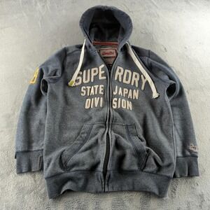 Superdry Hoodie Mens 2XL Blue Full Zip State Japan Division Applique Fleece Y2K